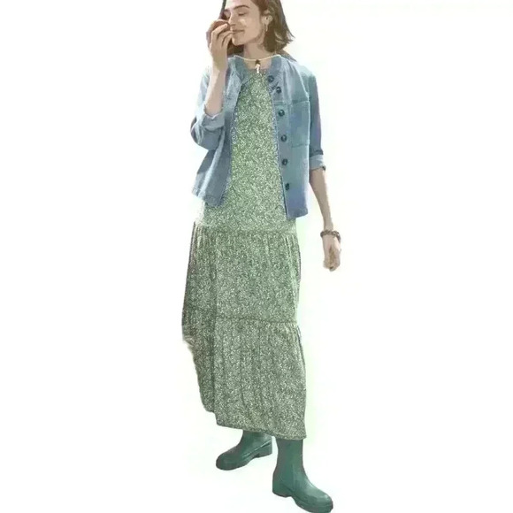 J.Jill Green Grass Fern Ditsy Tiered Mixed Print Maxi Dress Size Small Stretch - Picture 1 of 9